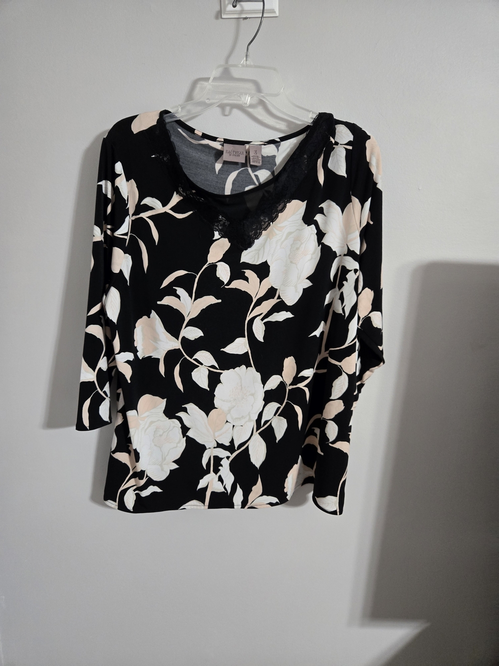 Chico's Black Floral Lace-Trim Scoop Neck Blouse